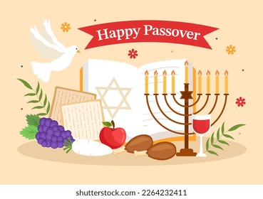 Happy Passover Illustration with Wine, Matzah and Pesach Jewish Holiday for Web Banner or Landing Page in Flat Cartoon Hand Drawn Templates