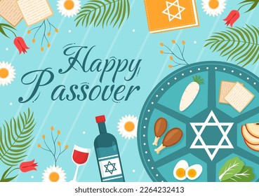 Feliz Pascua Ilustración con Wine, Matzah y Pesach festividad judía para banner web o página de aterrizaje en plantillas planas dibujadas a mano