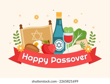 Feliz Pascua Ilustración con Wine, Matzah y Pesach festividad judía para banner web o página de aterrizaje en plantillas planas dibujadas a mano