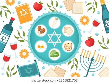 Happy Passover Illustration with Wine, Matzah and Pesach Jewish Holiday for Web Banner or Landing Page in Flat Cartoon Hand Drawn Templates