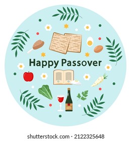 Happy Passover inscription. Traditional set for the Jewish holiday. Collection of images of seder, wine, matzo, food, star of David. Vector illustration