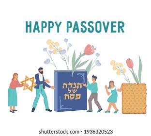 Happy Passover Jewish Holiday Banner Or Greeting Card Backdrop. Jewish Family With Children Celebrating Passover. Text On Hebrew On Book Means Pesach Tale, Flat Vector Illustration On White Background