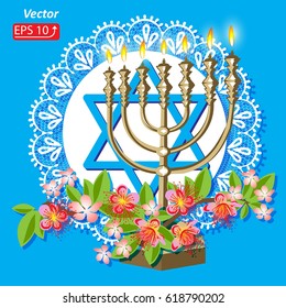 Happy Passover jewish holiday lacy greeting card. Abstract background with the Star of David, menorah  Spring floral vector illustration