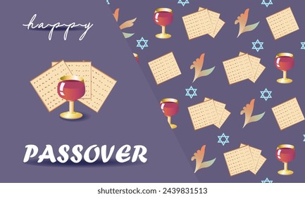 Happy Passover.The Jewish holiday of Pesach.  Matza and  wine glass. Booklet, invitation, greeting card.