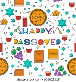 Happy Passover (jewish holiday). Seamless pattern linear modern background. Vectot illustration with Passover holiday symbols.