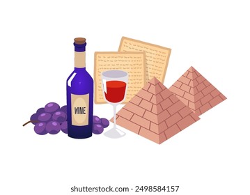 Composición tradicional de símbolos de la fiesta de Pascua feliz judía. Matzá, copa y botella de vino, racimo de uvas y pirámides egipcias, Pesaj. Ilustración plana de Vector aislada en blanco