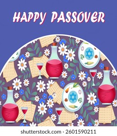 Happy Passover. Lettering and arch from a pattern of traditional holiday items. Matzah, Seder Plate, wine. Cover design, poster, invitation, card.