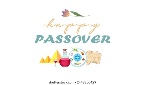 Happy Passover. Lettering and holiday items on a white background. Jewish matzo, wine, Seder plate, Egyptian pyramids. Invitation, congratulation, web banner.