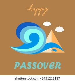 Happy Passover. Pesach. Egypt, pyramid and huge sea wave.Congratulation, postcard, invitation, poster.