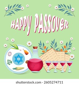 Happy Passover. Pesach. Greetings, poster, cover, banner. Seder plate, Jewish matzah, wine and four glasses.
