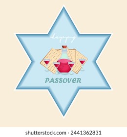 Happy Passover. Pesach. Wine and four glasses, matzo on the background of the Star of David.Greeting card, flyer, cover.