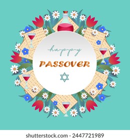 Happy Passover. Pesach.A wreath of spring flowers, Jewish matzah, red wine, four wine glasses.Greeting card,  flyer, poster.