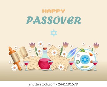 Happy Passover. Pesach.Greeting card, booklet, invitation, banner with traditional Jewish holiday items.  Matzo and wine glasses. A Torah scroll and a dish of treats.