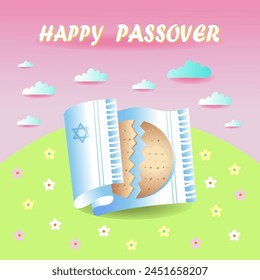 Happy Passover. Pesah. Cover, brochure, flyer, greeting card .Afikoman. Illustration of Breaking Afikoman Into Two During a Ceremony.Jewish matzah on meadow on pink spring sky and clouds background. 