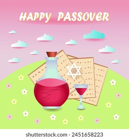 Happy Passover. Pesah. Cover, brochure, flyer, greeting card with Jewish matzo, red wine and Star of David on meadow on pink spring sky and clouds background. Pastel colors.