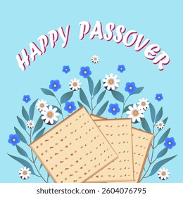 Happy Passover. Pesah. Greetings, Jewish Matzah and flowers on a blue background. Postcard, poster, invitation.