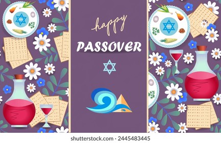  Happy Passover. Pessach . Greeting card, invitation, cover, banner. Exodus.Wave and Egyptian Pyramids.Wine, a dish with traditional treats, Jewish matzah, flowers, glasses.