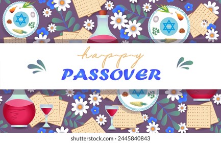 Happy Passover. Pessach. Greeting card, invitation, cover, banner.Wine,a dish with traditional treats, Jewish matzah, flowers, wine glasses.