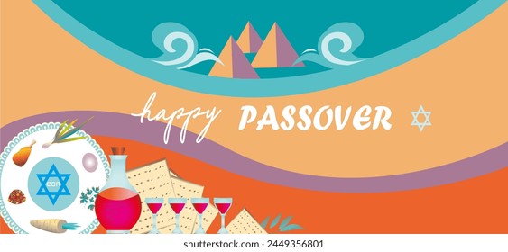 Happy Passover .Pessach.Greeting card, Banner with abstract lines and and traditional holiday items.Jewish matzah, Seder plate, Wine and four wine glasses, Egyptian pyramids and parting sea waves. 