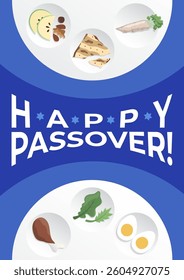 Happy Passover Postcard with Seder Pesach Plate in blue and white colors, vertical greeting card for main Israeli spring Holiday. White plate with all symbolic food and text with congratulation text.