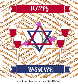 Happy Passover poster, card. Matzah bread, wine for Passover, Pesach celebration. Idea for card with kosher matzoh, decoration, invitation for family pesach seder dinner. Vector illustration.