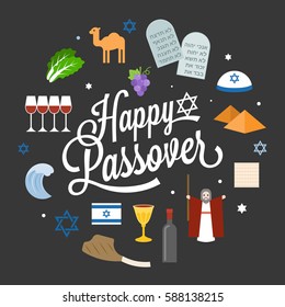 Happy passover poster pictogram with moses, pyramid, typographic font and element, flat design