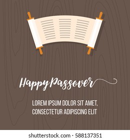 Happy passover poster with torah scroll on wooden background, flat design