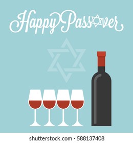 Happy Passover Poster With Wine Bottle And Four Glasses, Flat Design