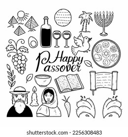 Happy Passover. Religious holiday. Vector doodle set. Hand drawn icon. Black and white drawing. Postcard decor element. Lettering. Beautiful inscription.