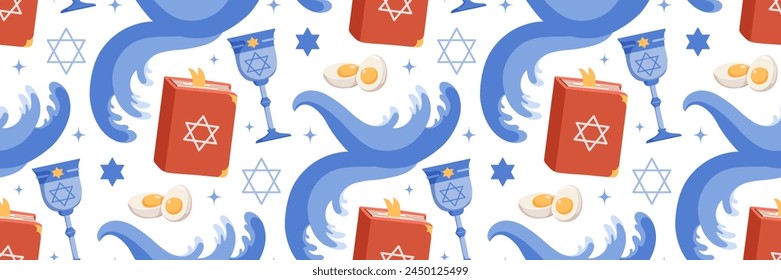 Happy Passover seamless pattern. Jewish holiday Pesach background. Traditional icon wave red sea, torus, egg, Star of David, Elijah's Cup. For wallpaper, invitation. Vector flat illustration.