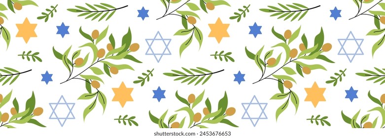 Happy Passover seamless pattern. Jewish holiday Pesach background., Star of David, olive branch. Jewish Easter celebration concept. For wallpaper, invitation. Vector flat illustration.