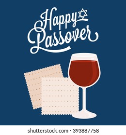 Happy passover with star of david, wine and matzah crackers, flat design