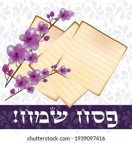 
Happy Passover, traditional jewish holiday background. Matzah bread, almond flowers and text (happy peach on Hebrew), vector 