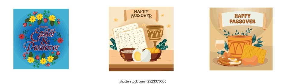 Feliz Pascua y Pascua. Un matzot tradicional, huevo de Pascua. Una ilustración plana de matzot tradicional, huevos y copas para Pascua. Conjunto de ilustración moderna de Vector plano 