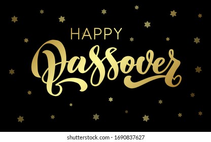 Happy Passover vector hand lettering. Jewish holiday Easter. Template for typography poster, greeting card, banner, invitation, postcard, flyer, sticker. Gold illustration on black background