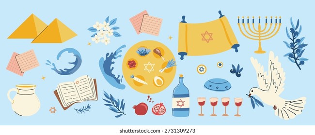 Conjunto de iconos de vector de Pascua feliz. Conjunto de plato de séder, matzá, paloma, toro y menorá, vino y olas. Elementos de diseño para vacaciones judías. Ilustración plana de dibujos animados sobre fondo azul.