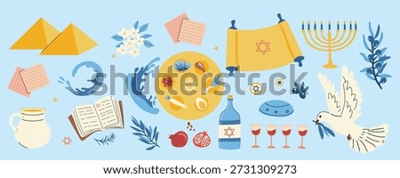 Happy Passover vector icons set. Set of seder plate, matzah, pigeon, torus and menorah, wine and waves. Design elements for jewish holiday. Cartoon flat illustration on blue background.