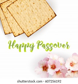 Happy Passover, vector illustration. Traditional jewish matzah bread and almond flowers with calligraphic text.