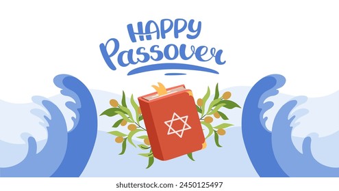 Happy Passover web banner. Invitation background. Tradition icons torus, olive branch, wave red sea. Hand drawn lettering. Horizontal blue Backdrop postcard, poster. Vector flat illustration.