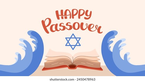 Happy Passover web banner. Invitation background. Tradition icons torus, wave red sea, Star of David. Hand drawn lettering. Horizontal Backdrop postcard, poster. Vector flat illustration.