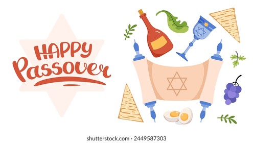 Happy Passover web banner. Jewish Invitation background. Tradition icons matzah, wine, torus, Elijah's Cup, egg. Hand drawn lettering. Horizontal Backdrop postcard, poster. Vector flat illustration.