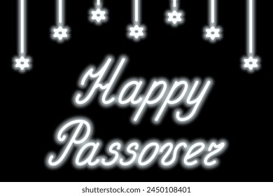 Happy Passover. White cursive neon lettering. Garland of shining stars of David. Color vector illustration. Black background. Congratulations on Jewish Passover. Glowing holiday text. 