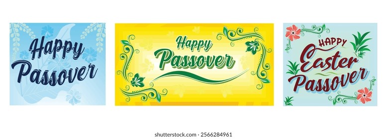 Happy Passover. Yellow Background and Green Decorative Elements.  Hand lettering text with eggs, flowers and leaves. Set flat vector modern illustration  