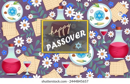 Happy Passover.Pesach. Greeting Card, Invitation, cover, Banner.Wine,a dish with traditional treats, Jewish matzah, flowers, wine glasses.