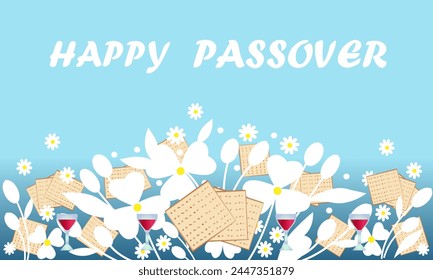  Happy Passover.Pesach. Greeting Card, Invitation, cover, Banner.Four wine glasses, Jewish matzah and silhouettes of flowers.