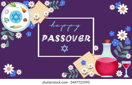  Happy Passover.Pesach. Greeting card, invitation, banner.Wine, a dish with traditional treats, Jewish matzah, flowers.Frame.