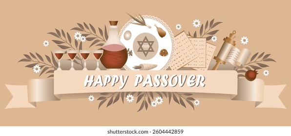 Happy Passover.Pesach. Greeting inscription on ribbon, matzah, seder plate, wine and four glasses, Torah scroll. Vintage style. Postcard, invitation, banner.