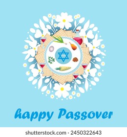Happy Passover.Pesach. Seder dish, Jewish matzah, wine and four glasses against the background of a wreath of field herbs and flowers.  Congratulations, poster, cover.