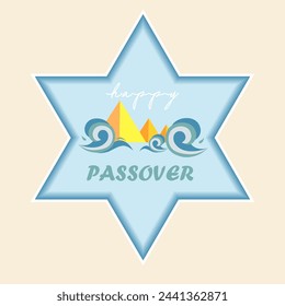 Happy Passover.Pesach.Exodus.Parting waves and Egyptian pyramids against the background of the Star of David.