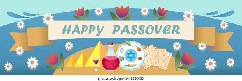 Happy Passover.Pesach.Greeting card, invitation, banner.Exodus. Sea, Egyptian pyramids, matzo, wine, Seder plate, flowers and an inscription on a ribbon.